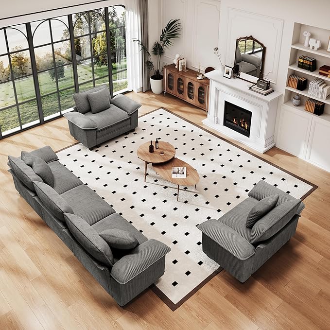 PHI VILLA Cloud Modular Couches Sets, 3 Pieces Large Sectional Sofas Set with Single Sofa, 5-Seater Upholstered Couch for Living Room, Corduroy, Grey