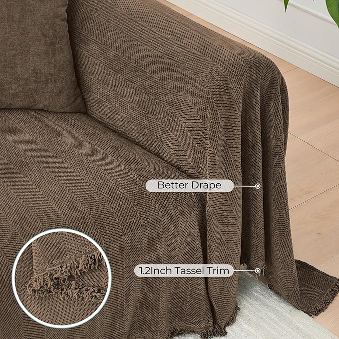 Sectional Couch Covers 2 Pieces, Chenille L Shaped Couch Cover Blanket for Sectional Sofa with Herringbone Pattern Washable Sofa Slipcovers (X-Large: 71" x 110" + 71" x 118", Coffee)