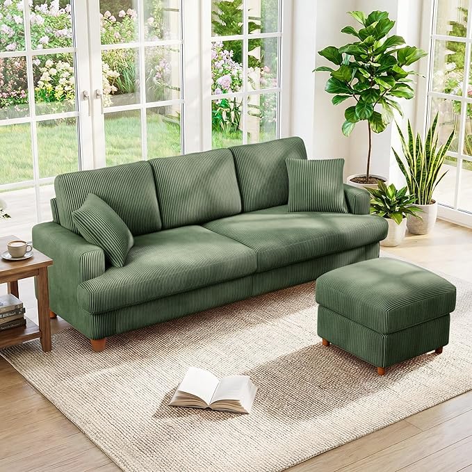 Kidirect 87in L Shaped Couch, Modular Sofa No Tool Assembly, Comfy Sectional Couches for Living Room 21in Deeper Seats, Corduroy Sofas for Living Room with 2 Pillows, Loveseat Sofa Set, Green Couch | Comfy Corduroy, Oversized 87in Couch, 850LB Tough, T...