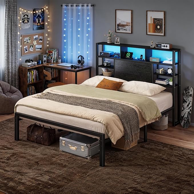 Homkdom Full Size Bed Frame with Storage Headboard, LED Lights & Charging Station Heavy Duty Metal Platform Bed for Small Bedrooms, 1100 LBS Capacity, No Box Spring Needed, Easy Assembly,Black