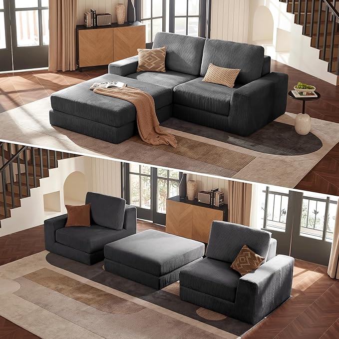 Cloud Couch Sectional, Oversized Boneless Couch Sofa with Deep Seat, Corduroy Comfy Cloud Modular Loveseat Sofa with Ottoman, Sectional Couches for Living Room No Assembly Required (Grey)