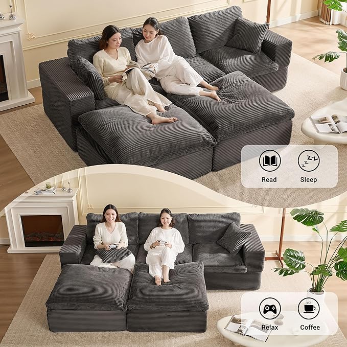 106.3” Sectional Couches for Living Room, Set of Cloud Couch, Modular Sectional Sofa, Convertible Sofas Bed, Deep Seat Sofa, U Shaped Cozy Sofa Furniture Set, Corduroy, Gray