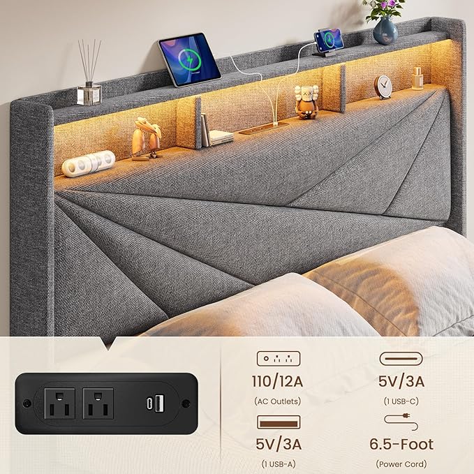 Driftalia Full Size Bed Frame with 2-Tier Storage Headboard, Upholstered Full Bed Frame with 2 Drawers, Charging Station and LED Lights, No Box Spring Needed, Easy Assembly - Light Grey