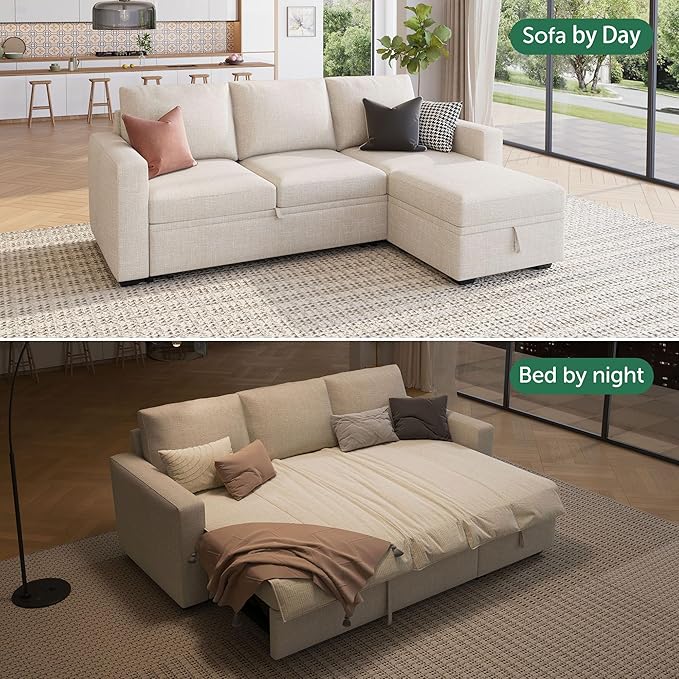 HONBAY Modular Sectional Sleeper Sofa with Pull Out Bed, L Shaped Couch with Storage Seat, Modular Sectional Couches for Living Room - Beige