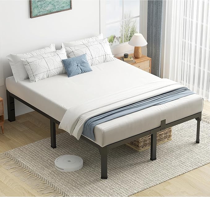 Superay King Bed Frame with Mattress Slide Stopper, 18 Inch Metal Platform Bed Frame, Heavy Duty Tall Bed Frame No Box Spring Needed with Large Storage Space, Easy Assembly, Noise Free