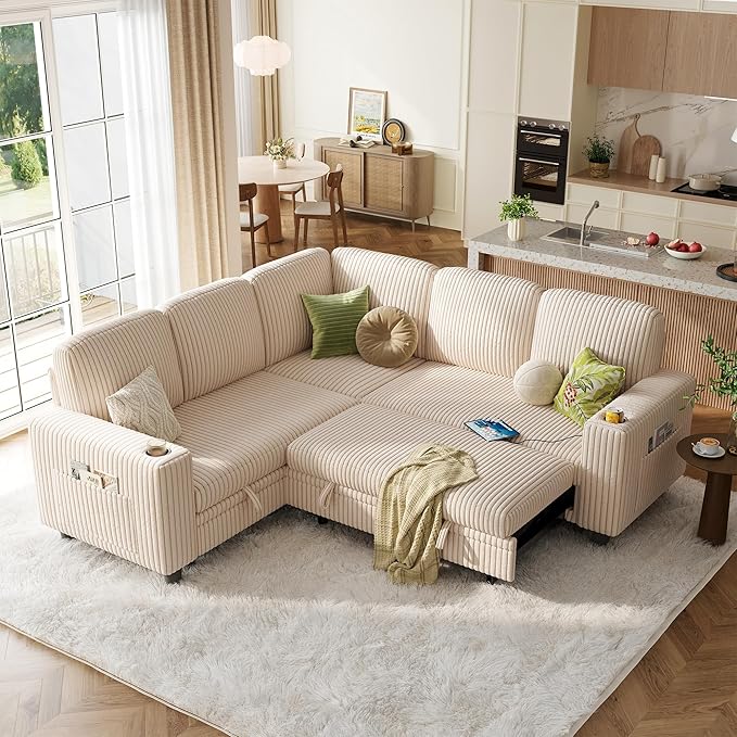 LINSY HOME Sectional Sleeper Sofa with Pull Out Couch Bed - Convertible Plush Corduroy Cloud Couch with Storage Chaise & USB Charging, Comfy L Shaped Modular Couches for Living Room Apartment, Beige