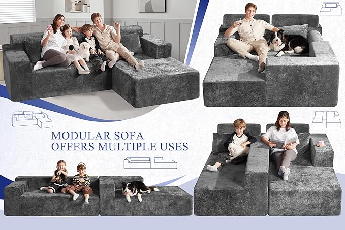 HABUTWAY 105" L-Shape Modular Sectional Sofa Couch for Living Room,No Assembly Required,Modular Comfy Sofa with Deep Seat for Living Room Bedroom,Luxury Distressed Velvet(Right,Grey)