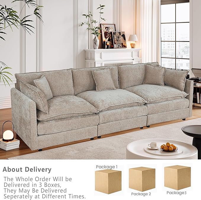 Setawix Chenille Cloud Couches for Living Room,3 Seater Cloud Sofa Couch with Deep Seat,112.2" Roomy Cloud Sofas,Modular Sectional 3 Seat Sofa with Pillows for Bedroom (Coffee, 3 Seater)
