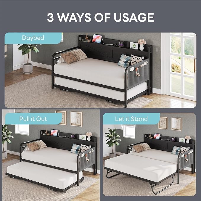 LIKIMIO Twin Daybed, Day Beds with Pop Up Trundle, Storage Headboard with Charging Station, Strong Supports for Apartment and Other Small Space, Black