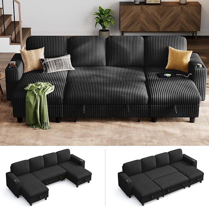 LINSY HOME Sectional Sleeper Sofa Pull Out Couches for Living Room (Black, Sleeper Sofa 3) | Pull Out Sofa Bed, Storage, USB Charging, Cup Holders, Plush Corduroy