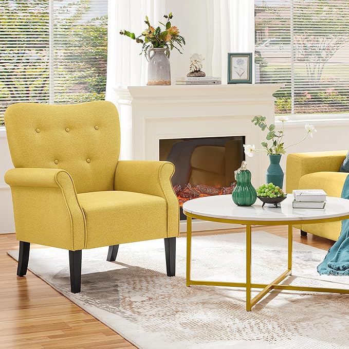 Yaheetech Modern Armchair, Mid Century Accent Chair with Sturdy Wood Legs and High Back for Small Space, Upholstered Fabric Sofa Club Chair for Living Room/Bedroom/Office, Set of 2, Yellow