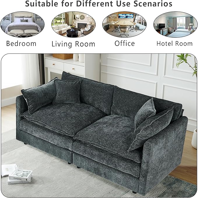 Setawix Chenille Loveseat Sofa Couch with Deep Seat,Large 2 Seater Cloud Couches for Living Room,77.16" Roomy Cloud Sofas,Modular Sectional 2 Seat Sofa with Pillows for Bedroom. (Grey, 2 Seater)