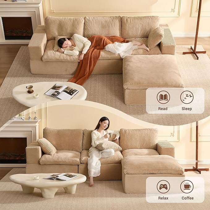 106.3” Sectional Couches for Living Room, Set of Cloud Couch, Modular Sectional Sofa, Convertible Sofas Bed, Deep Seat Sofa, L Shaped Cozy Sofa Furniture Set, Corduroy, Camel