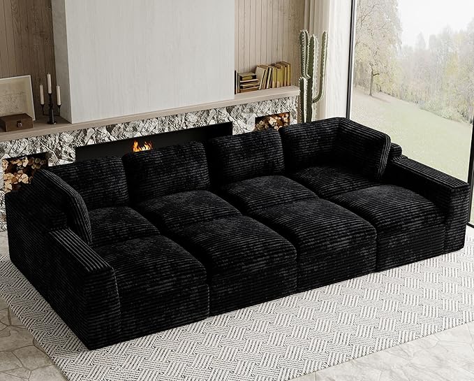 Boneless Modular Sectional Sleeper Sofa Bed Plush Corduroy Cloud Sectional Couches for Living Room with Deep Seat. Black Couch.