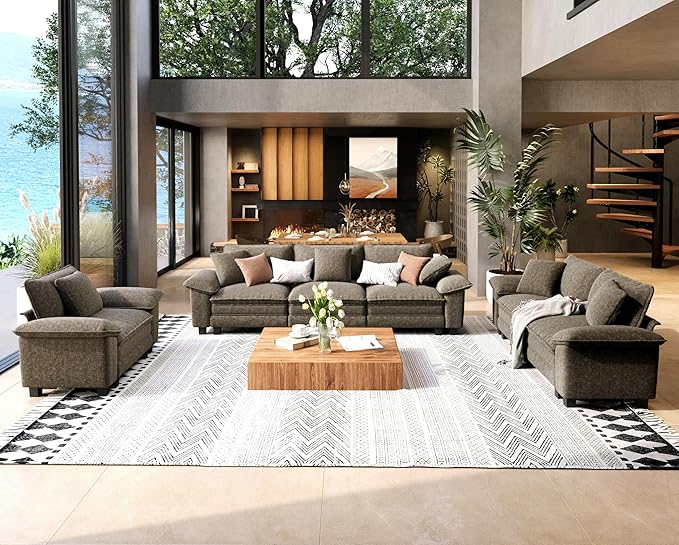 3 Piece Living Room Sofa Furniture Set, Chenille Modular Loveseat, Cloud Chair, and 3-Seat Couch with Pillow, Oversized 6-Seat Modern Sectional Deep Sofa for Apartment, Smoky Grey