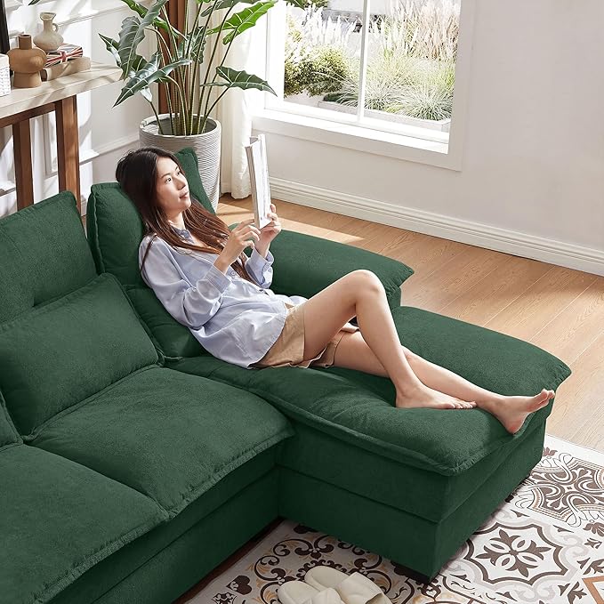 110" Convertible Sectional Sofa, U Shape Cloud Couch, Comfy Couches with Double Chaise and Sleepable Armrests, 4 Seats Sectional Couches for Living Room, Green