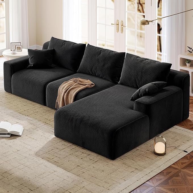 97”Modular Sectional Sofa, Cloud Sectional Couch with Deep Seat, Modern Modular L-Shape Sofa Couch, Upholstered Boneless Couches for Living Room Bedroom (Black Check, Right Facing Chaise)