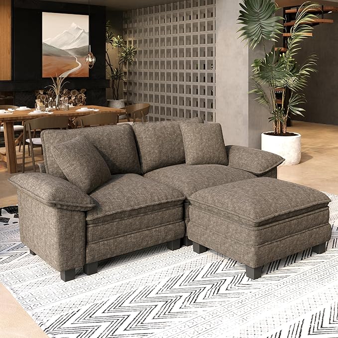 Sectional Loveseat with Ottoman, 87.5'' Oversized Chenille Love Seat Modular Sofa Couch with Pillow, 3-Seat Modern L Shaped Cloud Deep Seat for Bedroom Small Space, Smoky Grey