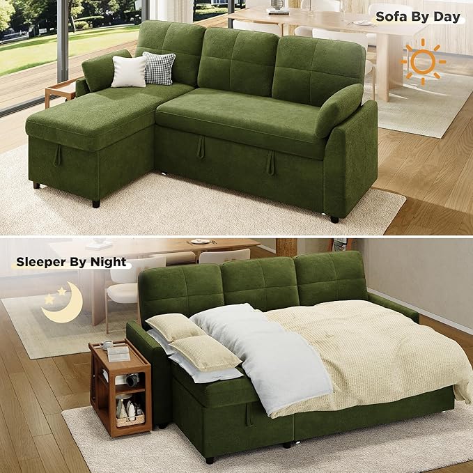 VanAcc Sleeper Sofa, Sofa Bed with Storage Chaise, Convertible Sofa Bed with Pull Out Couch, l Shaped Couch for Living Room, Linen Green
