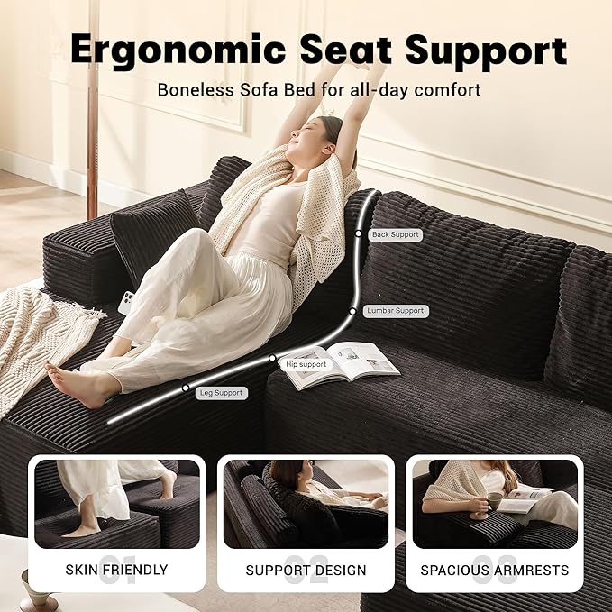 107" Boneless Couch with Deep Seat, Set of Modular Sectional Sofa, Cloud Sectional Couch for Living Room, No Assembly Required, Corduroy, U-Shape 3 Seater Left, Black
