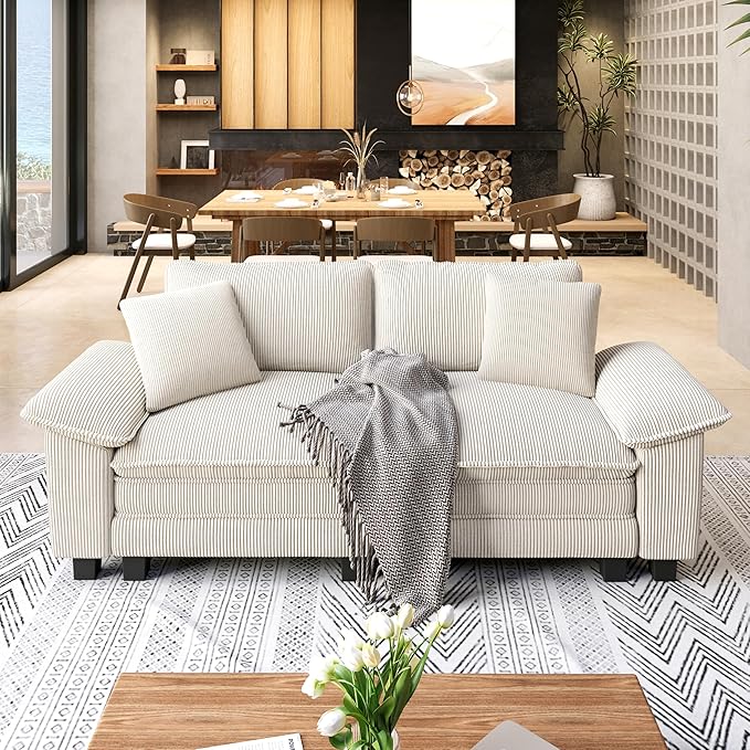 Modular Loveseat Cloud Sofa, 87.5'' Oversized Corduroy Sectional Couch with Wider Armrest and Pillow, 2 Seat Upholstered Modern Love Seat for Living Room Bedroom, Beige