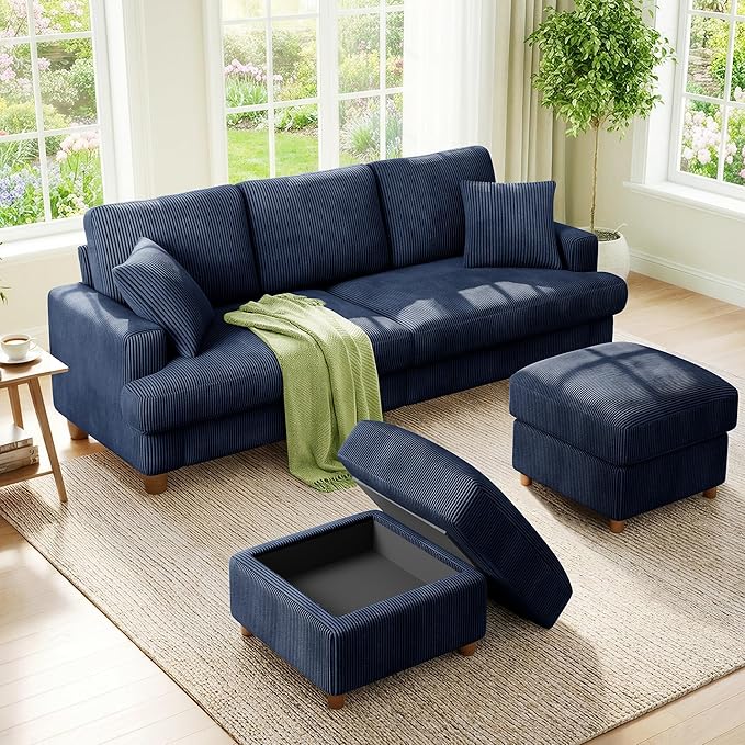 Kidirect 87in U Shaped Couch, Modular Sofa No Tool Assembly, Comfy Sectional Couches for Living Room 21in Deeper Seats, Corduroy Sofas for Living Room with 2 Pillows, Loveseat Sofa Set, Blue Couch | Comfy Corduroy, Oversized 87in Couch, 850LB Tough, To...