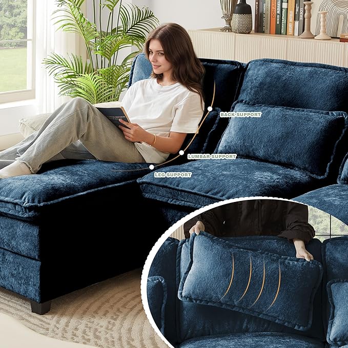 112" Modular Sectional Sofa, U Shaped Comfy Cloud Couch with Double Chaise and Padded Armrests, Modern Deep Seat Sectional Couches for Living Room, Apartment, Office, Dark Blue