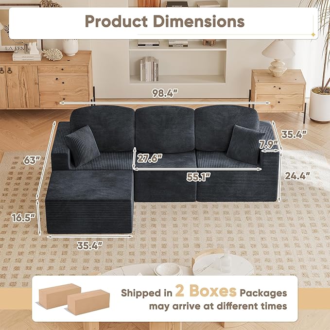 YESHOMY 98.4" Boneless Couches for Living Room, Comfy Modular Sectional Couch, Cloud Couch with Deep Seat, L-Shaped Sofa with Ottoman, Black