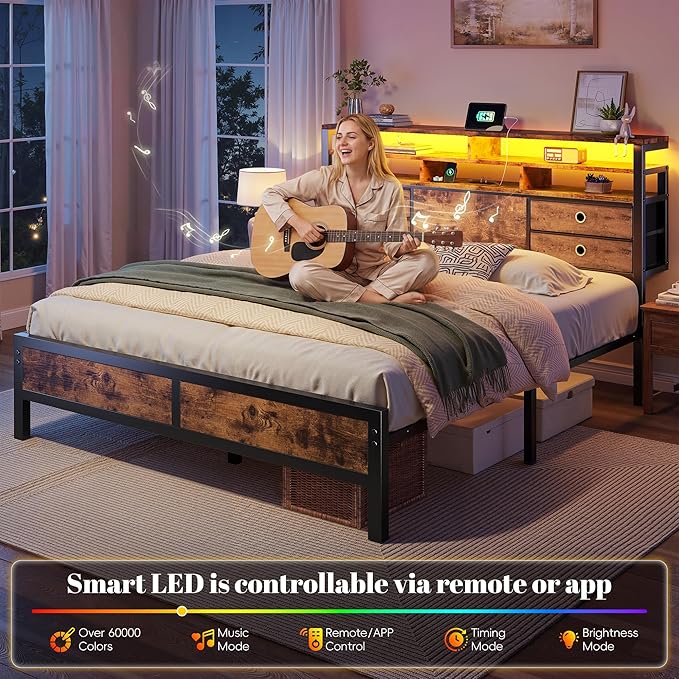 Homkdom Bed Frame Queen Size with 2-Tier Storage Headboard and 4 Drawers,Queen Platform Bed Frame with LED Lights & Charging Station,Metal Queen Bed 1100LBS Heavy Duty,No Noise,Rustic Brown