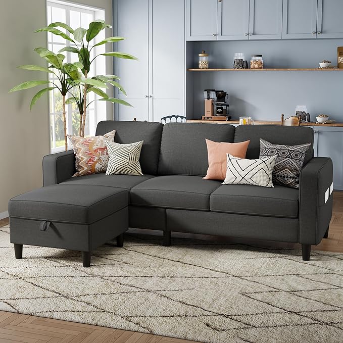 Sectional Sofa and Couches for Living Room, 78'' Dark Grey 3 Seat L-Shaped Couch with Movable Ottoman, Comfy Linen Convertible Sectionals Sofas with Chaise for Apartment, Dorm, Small Space