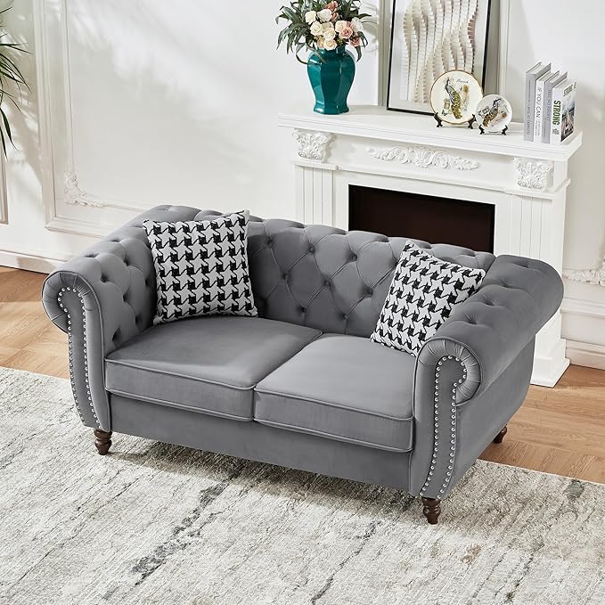 Comfortable Straight-Row Sofa with 2 Pillows,67" Refined Velvet 2 Seat Sofa with Roll Armrest & Nailhead,Sturdy Structure Upholstered Loveseat Couch for Apartment,Office,Reception Area,Grey