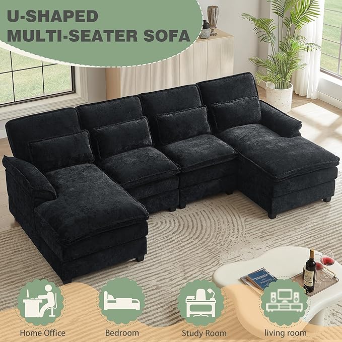 112" Modular Sectional Sofa, U Shaped Comfy Cloud Couch with Double Chaise and Padded Armrests, Modern Deep Seat Sectional Couches for Living Room, Apartment, Office, Black
