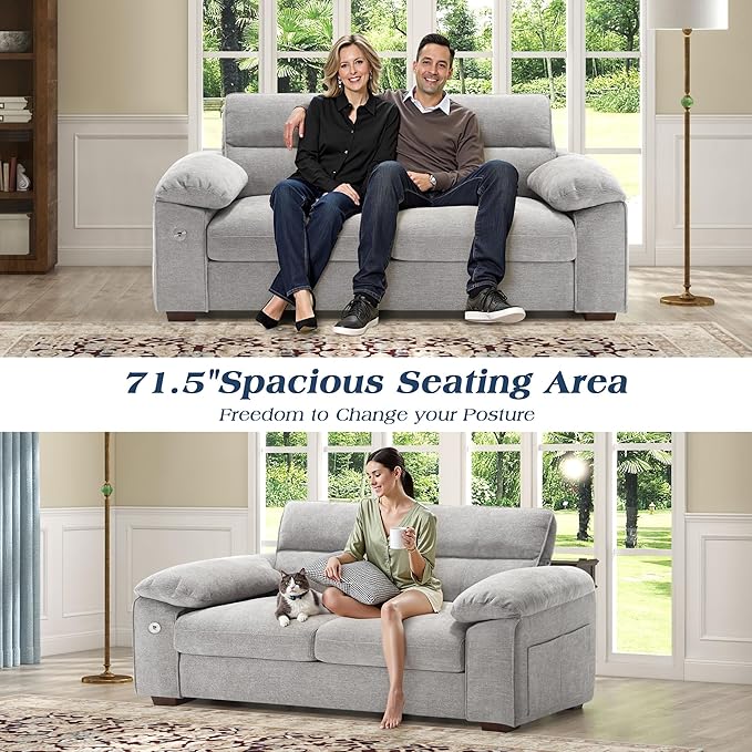 WorthFurni Sofas for Living Room, Chenille Pillow-Armrest Loveseat Couch Set, Small Sofa, 3 Seater Sofa, USB Charging, Removable Sofa Cover, Solid Wood Frame, Easy to Install (71.5 inch, Grey)
