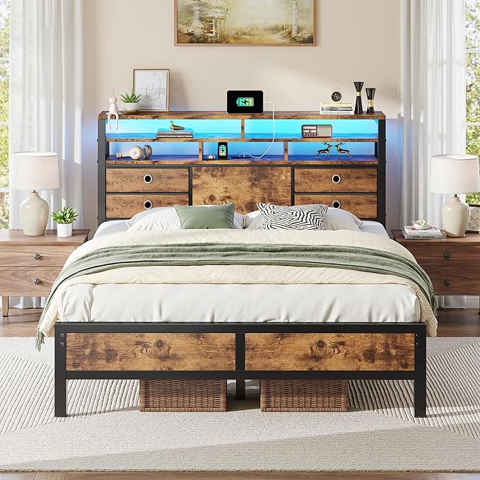 Homkdom Bed Frame Full with 2-Tier Storage Headboard and 4 Drawers,Metal Full Bed Frame with LED Lights & Charging Ports,13.6" Under Bed Storage,No Noise,for Apartment,Guest Room,Rustic Brown