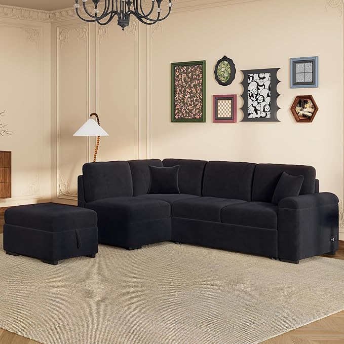 LUMISOL 87.4" Convertible Sleeper Sofa Bed with Storage Ottoman, L-Shaped Sectional Sofa with Storage Arm & Charging Stations, Pull Out Sofa Couch with Chaise for Living Room, Black