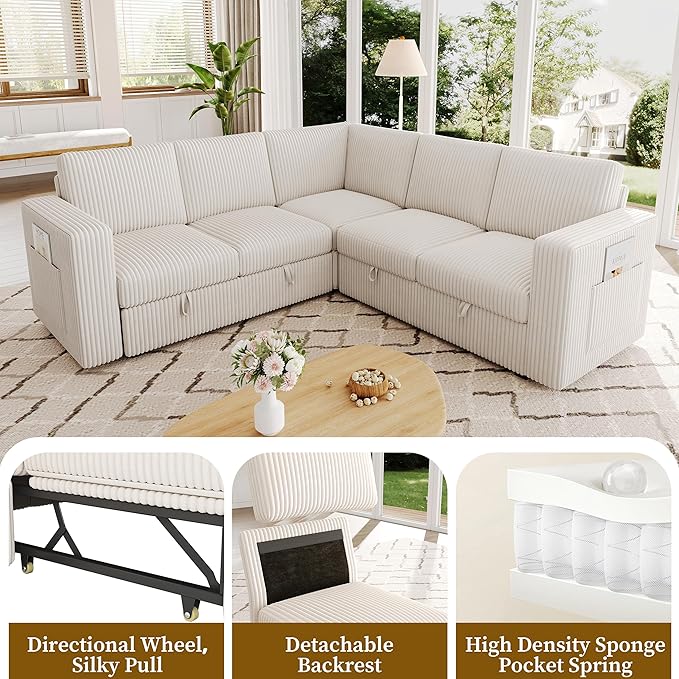 83.5" Sectional Sleeper Sofa with Pull Out Couch, Modern 5 Seat L Shaped Modular Couch, Sectionals Modular Sofa with Storage, Comfy Corduroy Couches Sectional for Living Room & Apartment, Beige