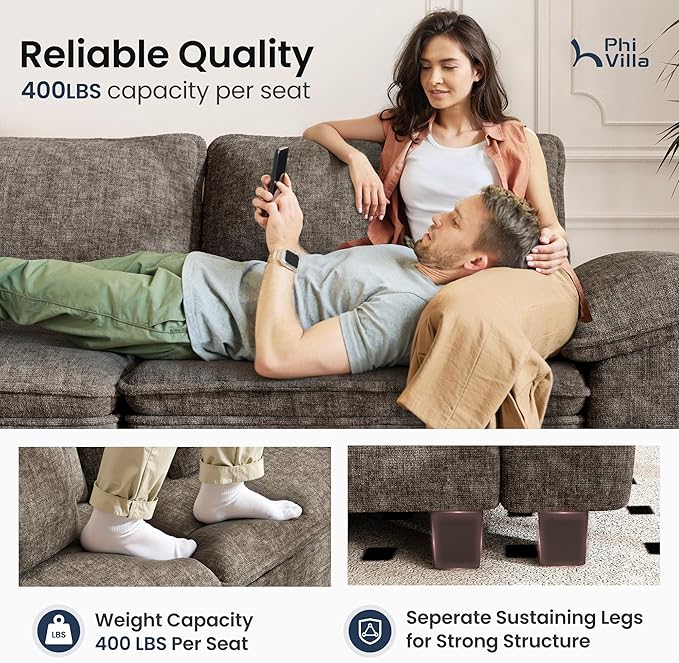 PHI VILLA Cloud Modular Couches Sets, 157.5" Sectional Sofa with Upholstered Deep Seat, 4-Seater Long Couches for Living Room Apartment, Chenille Fabric, Smoky Grey