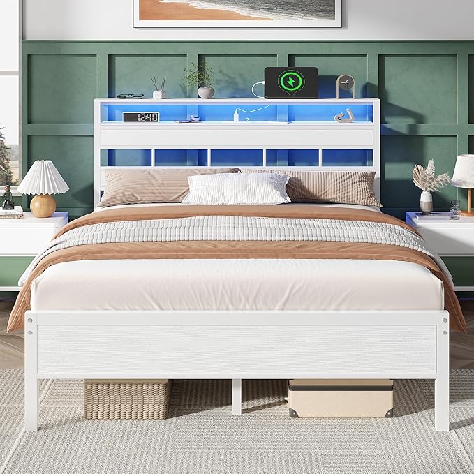 Furnulem Queen Bed Frame with Storage Headboard and LED Lights, Metal Bedframe with Charging Station and USB Port, Queen Size Platform Bed with Heavy Duty Slats, No Box Spring Needed, White