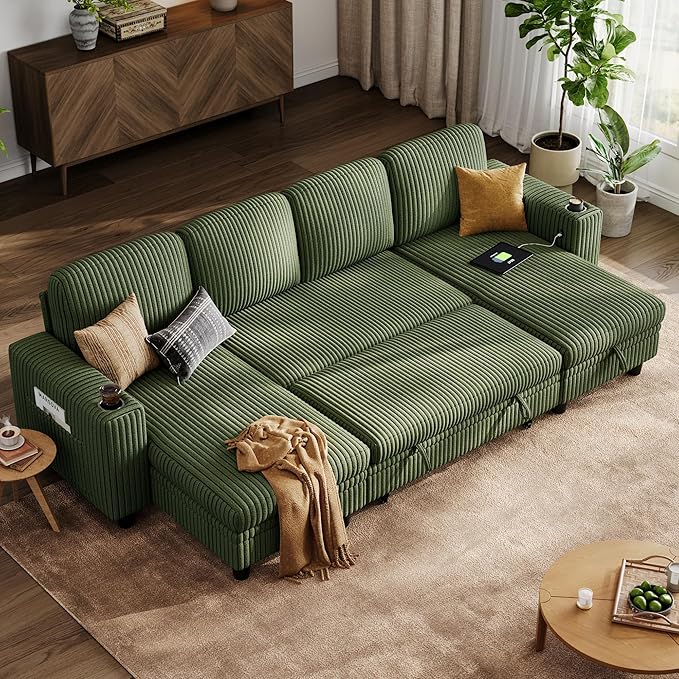 LINSY HOME Pull Out Sofa Bed Sectional Sleeper Sofa with Storage, Plush Corduroy Pullout Modular Sectional Couches for Living Room, U Shaped Convertible Couch Bed for Apartment (Green)