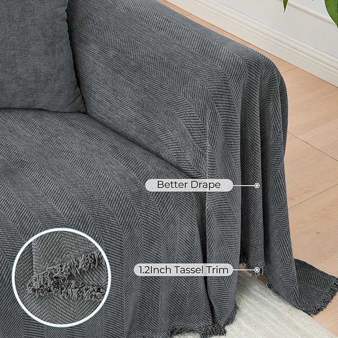 Sectional Couch Covers 2 Pieces, Chenille L Shaped Couch Cover Blanket for Sectional Sofa with Herringbone Pattern Washable Sofa Slipcovers (XX-Large: 71" x 118" + 71" x 118", Dark Gray)