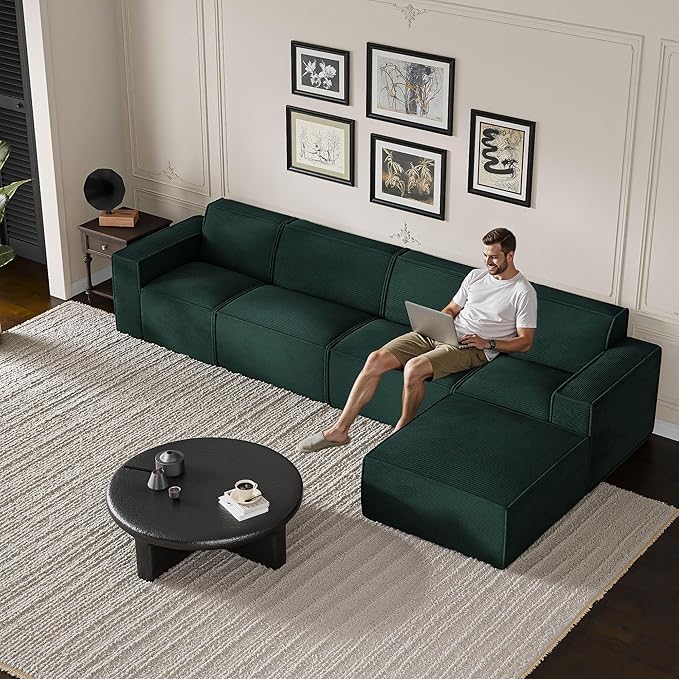 Cozy Castle 142" Modular Sectional Sofa, L Shaped Corduroy Boneless Couch with Deep Seat and Ottoman Chaise Cloud Sofa Upholstered Couches for Living Room Bedroom No Assembly Required (Green)