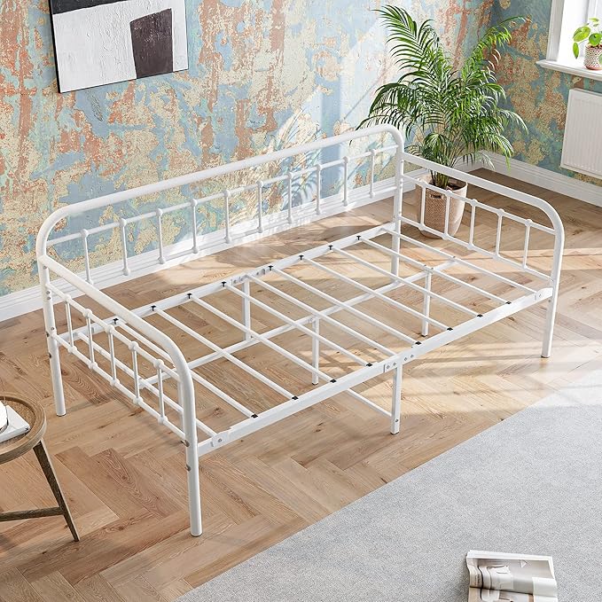 JURMERRY Metal Daybed Frame Twin Size with Steel Slats Platform Furniture, White…