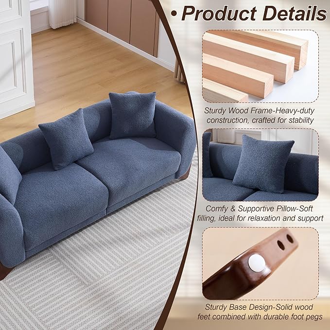 87" Sherpa Boucle Cloud Couch Modern 3 Seater Sofa with Solid Wood Legs, 25" Extra Deep Seat, Comfy Thick Cushion Upholstered Sofa Couches with 3 Pillows for Living Room, Blue