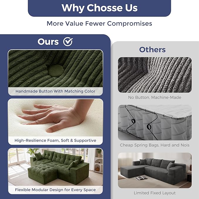 MAXYOYO 104" L Shaped Modular Sectional Sofa with Ottoman, Cloud Boneless Couch with Layered Cushion, Upholstered Sofa in a Box, Flexible Module Combination for Living Room, No Assembly, Dark Green