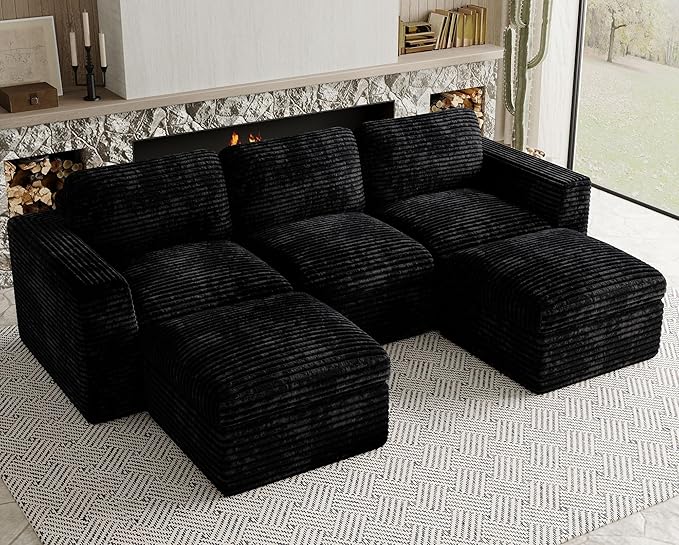 Cloud Modular Sectional Sofa with Ottoman Boneless Sectional Couches for Living Room Plush Corduroy Fabric 3-Seater U Shaped Couch. Black Sofa.