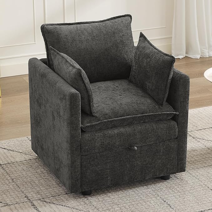 30" Cloud Modular Single Sofa Chair with Storage, Modern Upholstered Accent Chair Deep Seat, Chenille Reading Lounge Armchair for Living Room, Bedroom, Small Space, Dark Grey | Single Sofa, Accent Chair, Reading Lounge, Armchair, Chenille Sofa