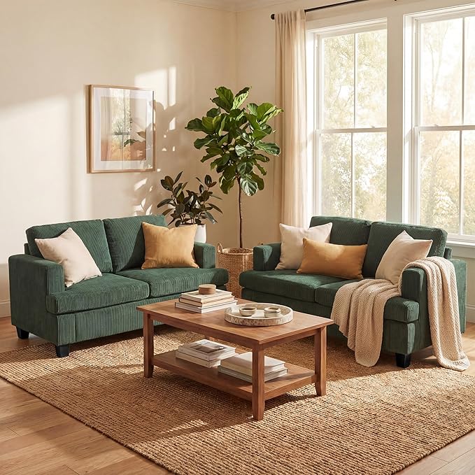 YOUDENOVA 2 Piece Set Comfy Sofa Couch, Loveseat Sofa * 2 with Deep Seats, Modern Sleeper Couch for Living Room, Green Corduroy