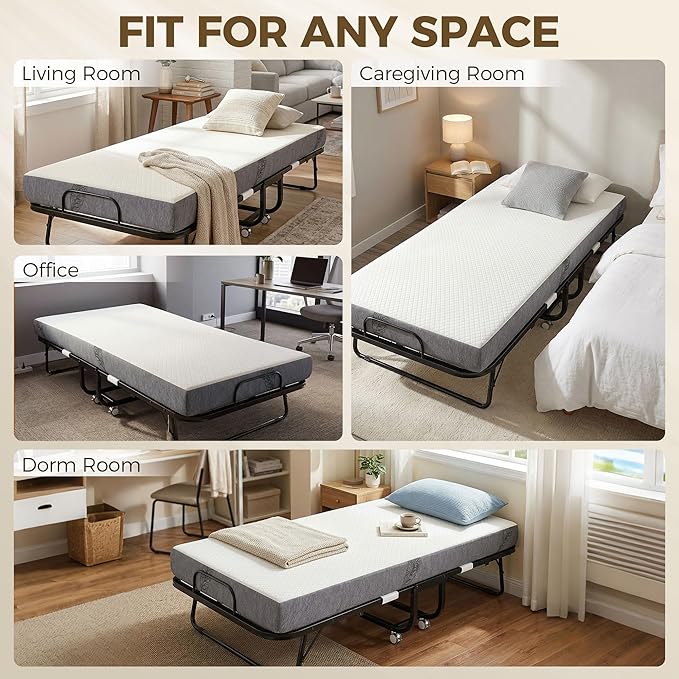 HOMCOM Folding Bed with Mattress for Adults, Long Cot Size, Portable Foldable Bed with 5" Memory Foam Mattress & Space-Saving Steel Frame, 79" x 31", Fold Up, Roll Away & Hideaway, White