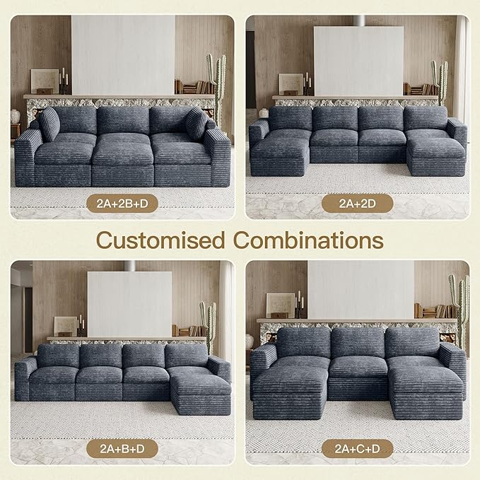 Boneless Modular Sectional Sleeper Sofa Bed Plush Corduroy Cloud Sectional Couches for Living Room with Deep Seat. Grey Couch.