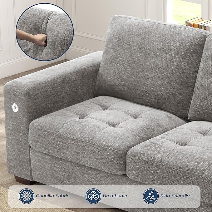 WorthFurni Sofas for Living Room, Chenille Loveseat Couch Set, Small Sofa, 3 Seater Sofa, USB Charging, Removable Sofa Cover,Solid Wood Frame, Easy to Install(70inch,Grey)